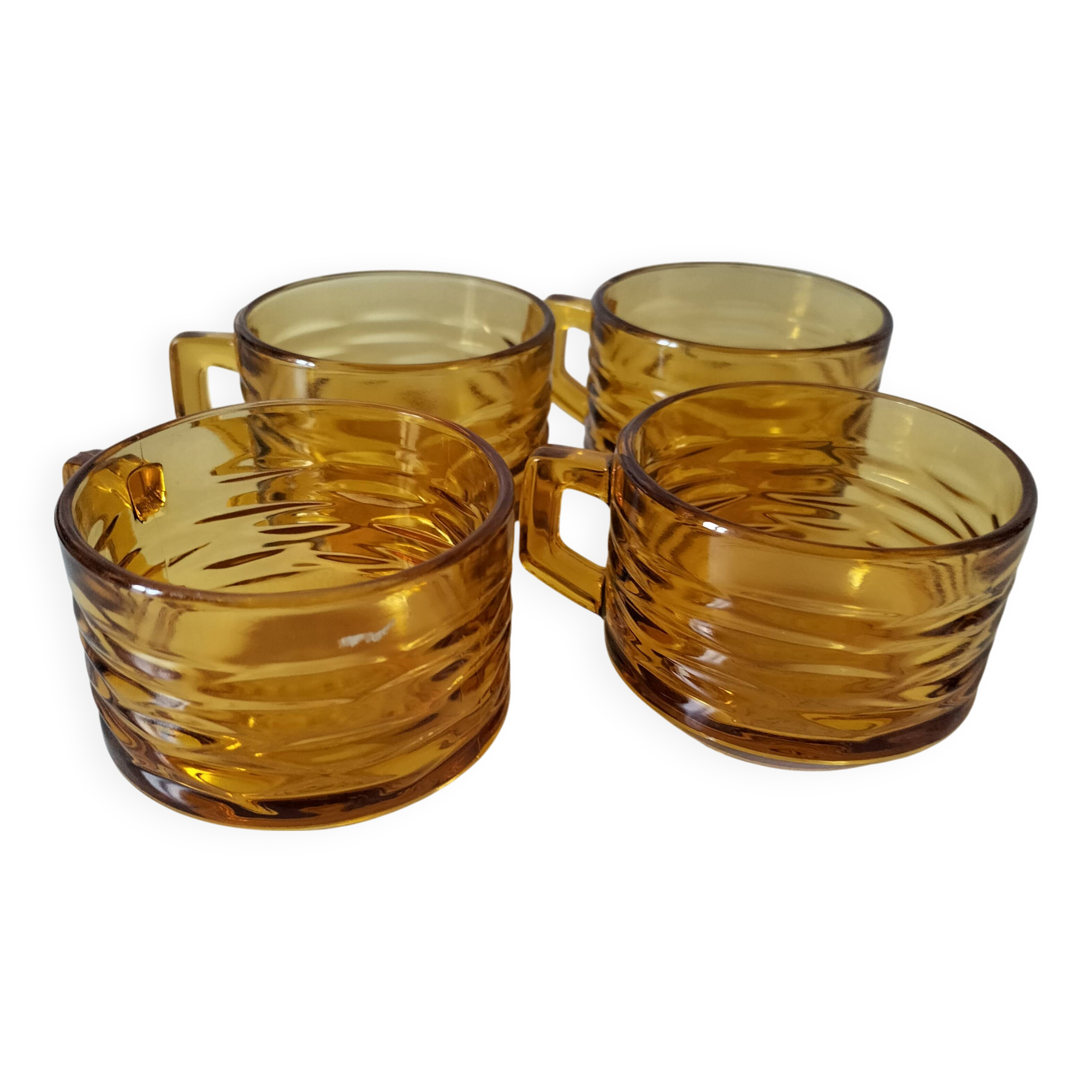 Set of 4 vintage amber glass mugs with textured 70s design