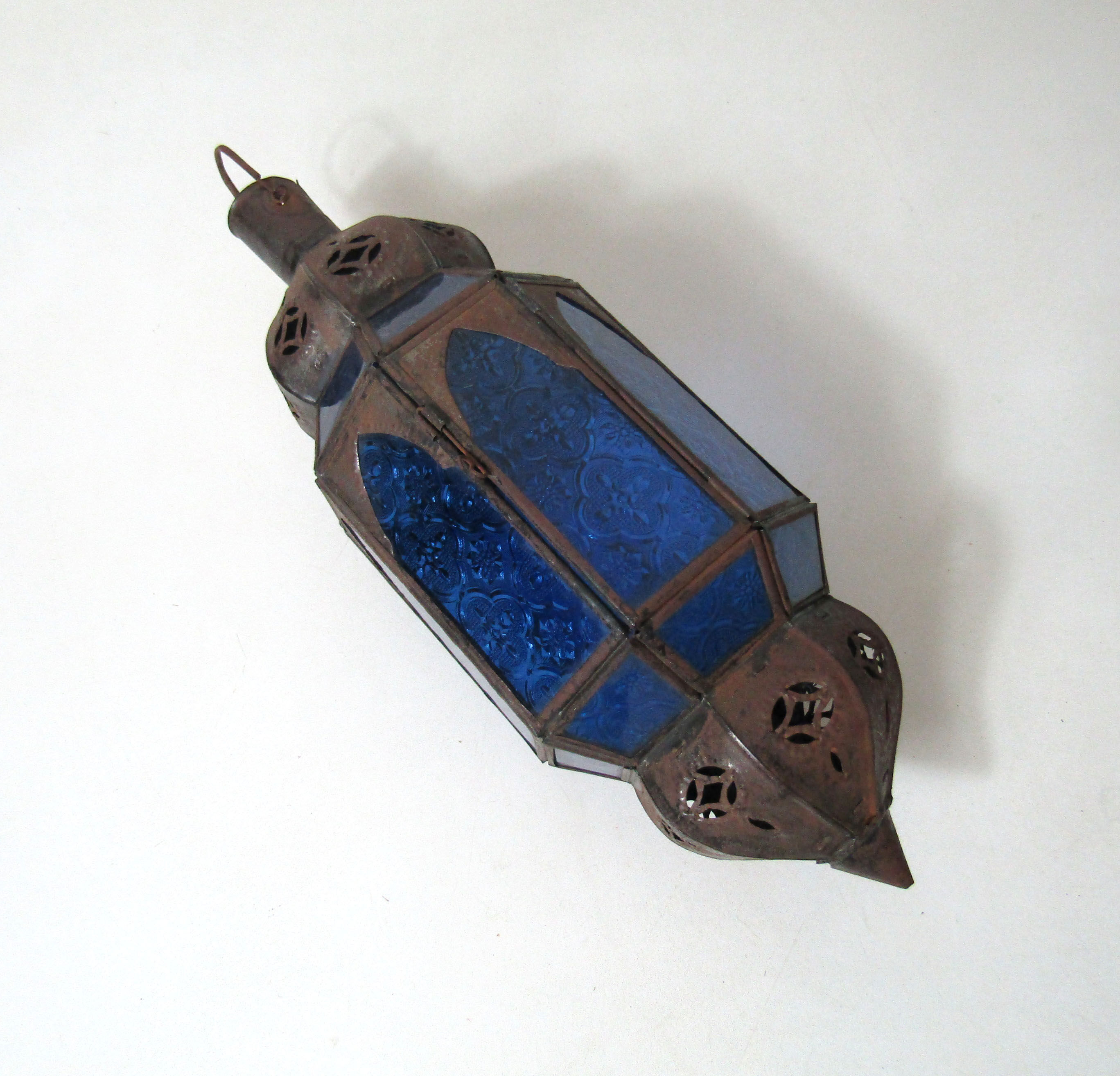 Electrifiable oriental lantern vintage chiseled blue glass 44cm