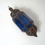 Electrifiable oriental lantern vintage chiseled blue glass 44cm
