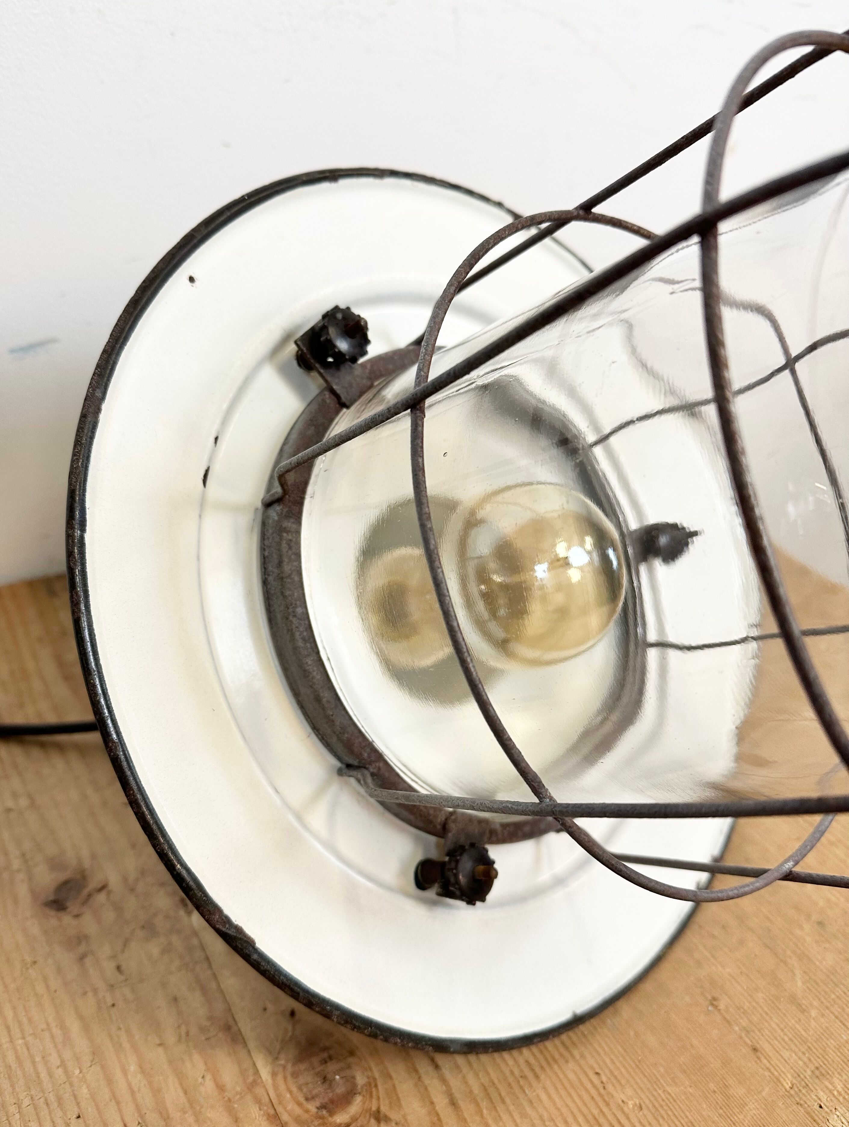 Green Enamel and Cast Iron Industrial Cage Pendant Light, 1960s