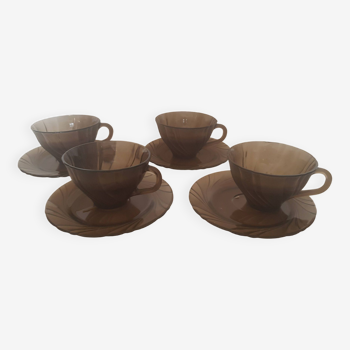 4 tasses vintage Vereco verre fumé noir