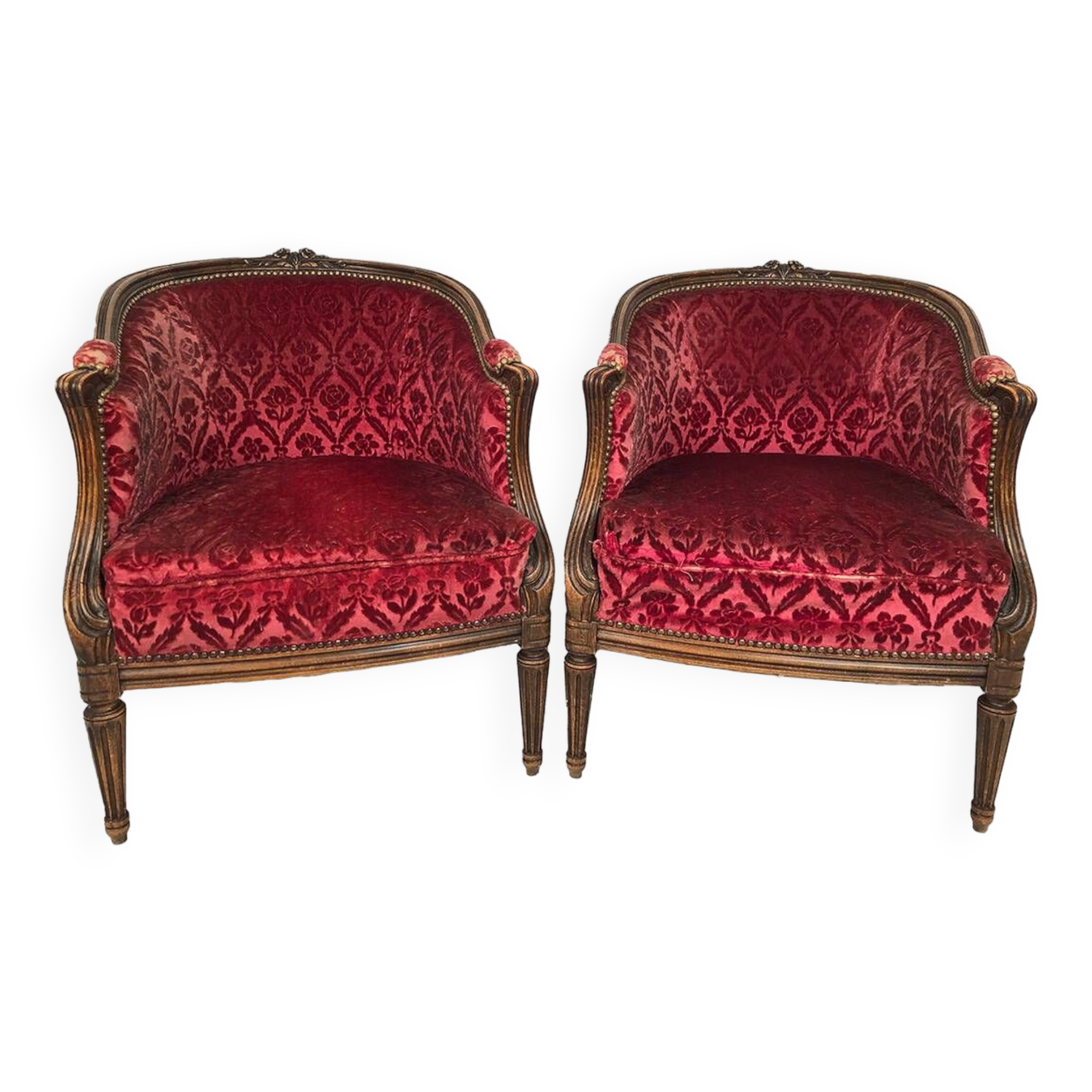Pair of Transition period armchairs, trimmed with burgundy velvet