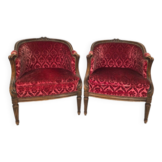 Pair of Transition period armchairs, trimmed with burgundy velvet