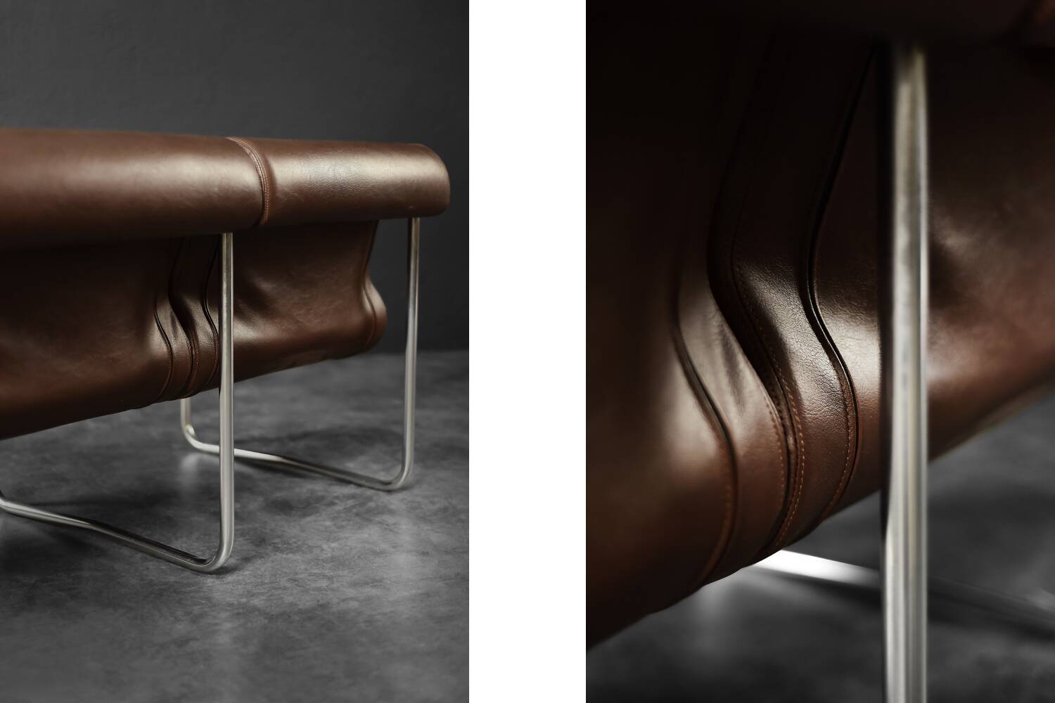 Two-seater canapé in steel and brown faux leather, Germany 1970.