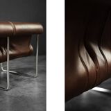 Two-seater canapé in steel and brown faux leather, Germany 1970.