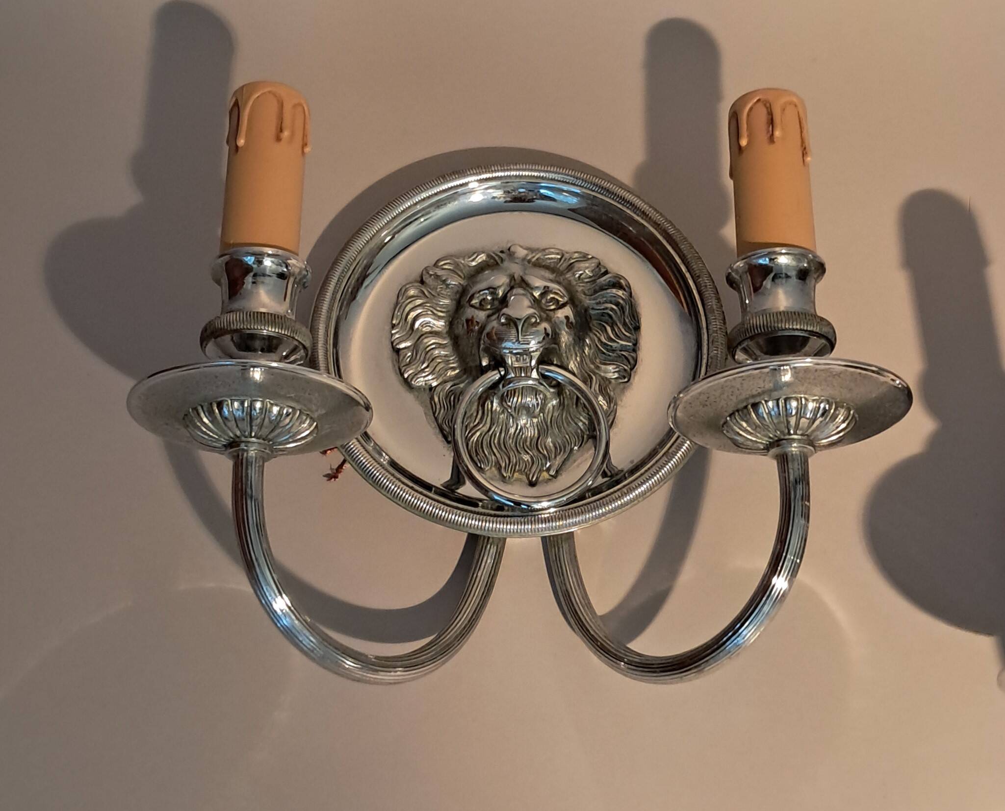 Pair of two-armed silver-plated bronze wall lights from Maison Charles, 1960.