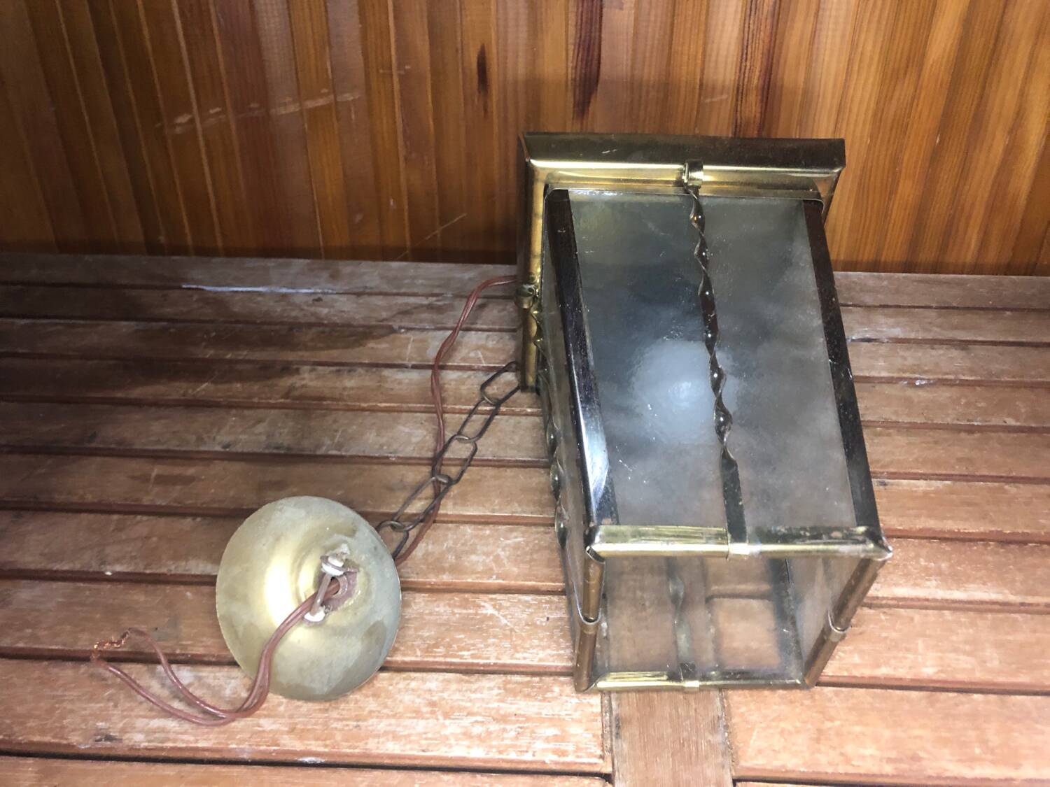 Old brass lantern pendant lamp + vintage glass plate #a592