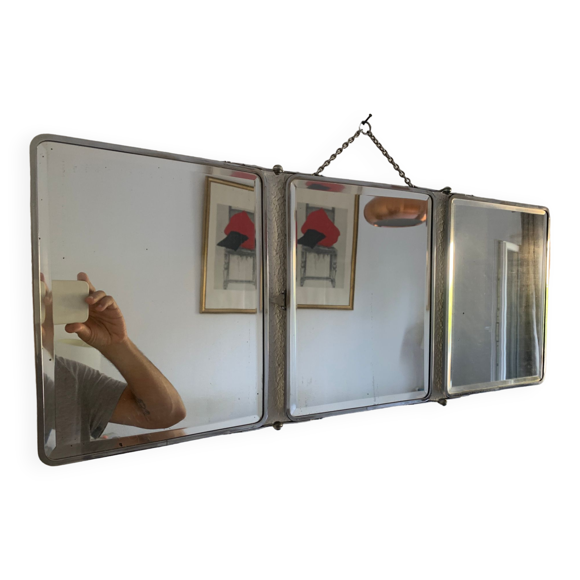 Vintage mirror 1930 triptych beveled barber iron gray - 28 x 69 cm