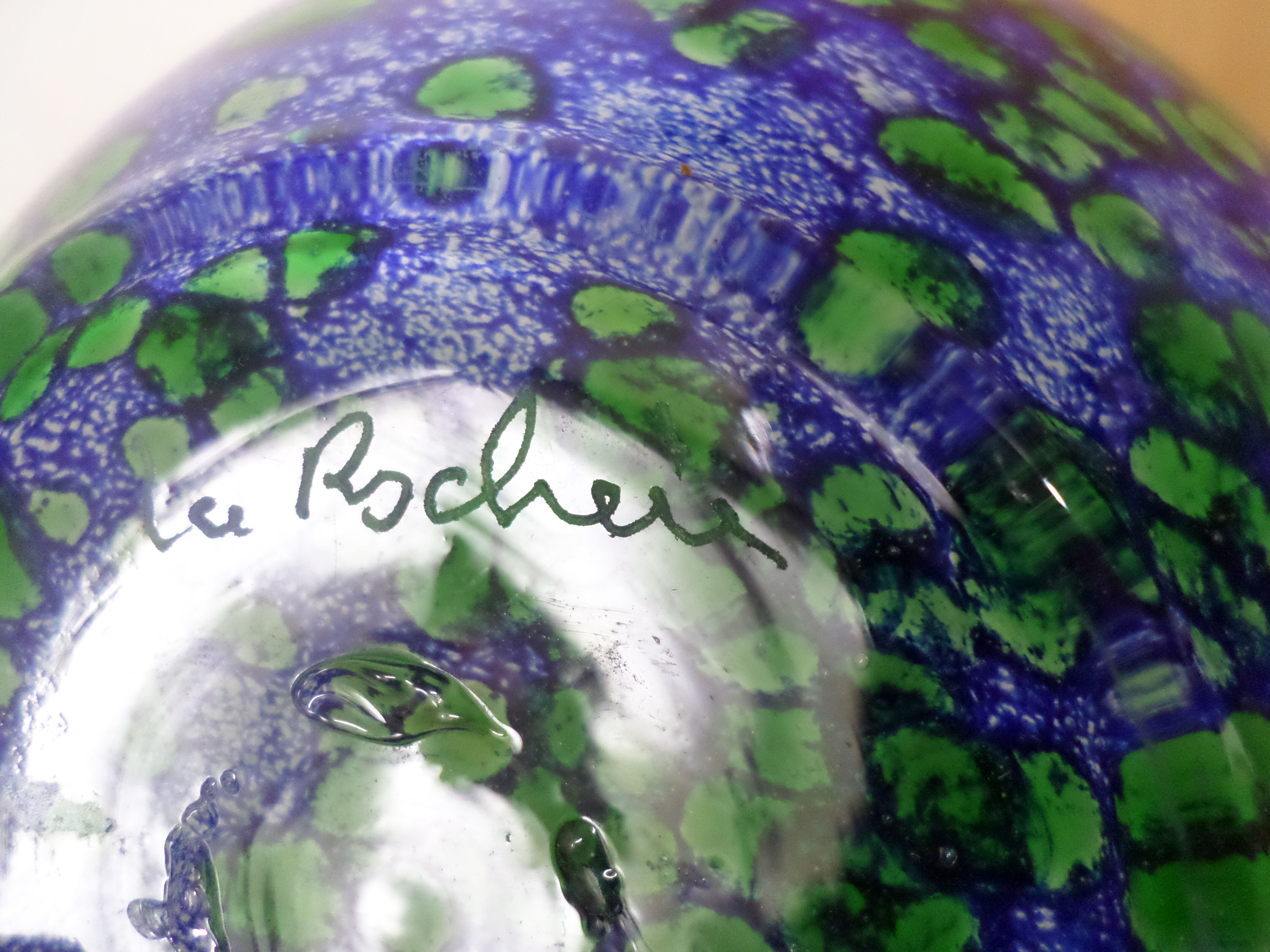 Ball vase signed blue and green Rock