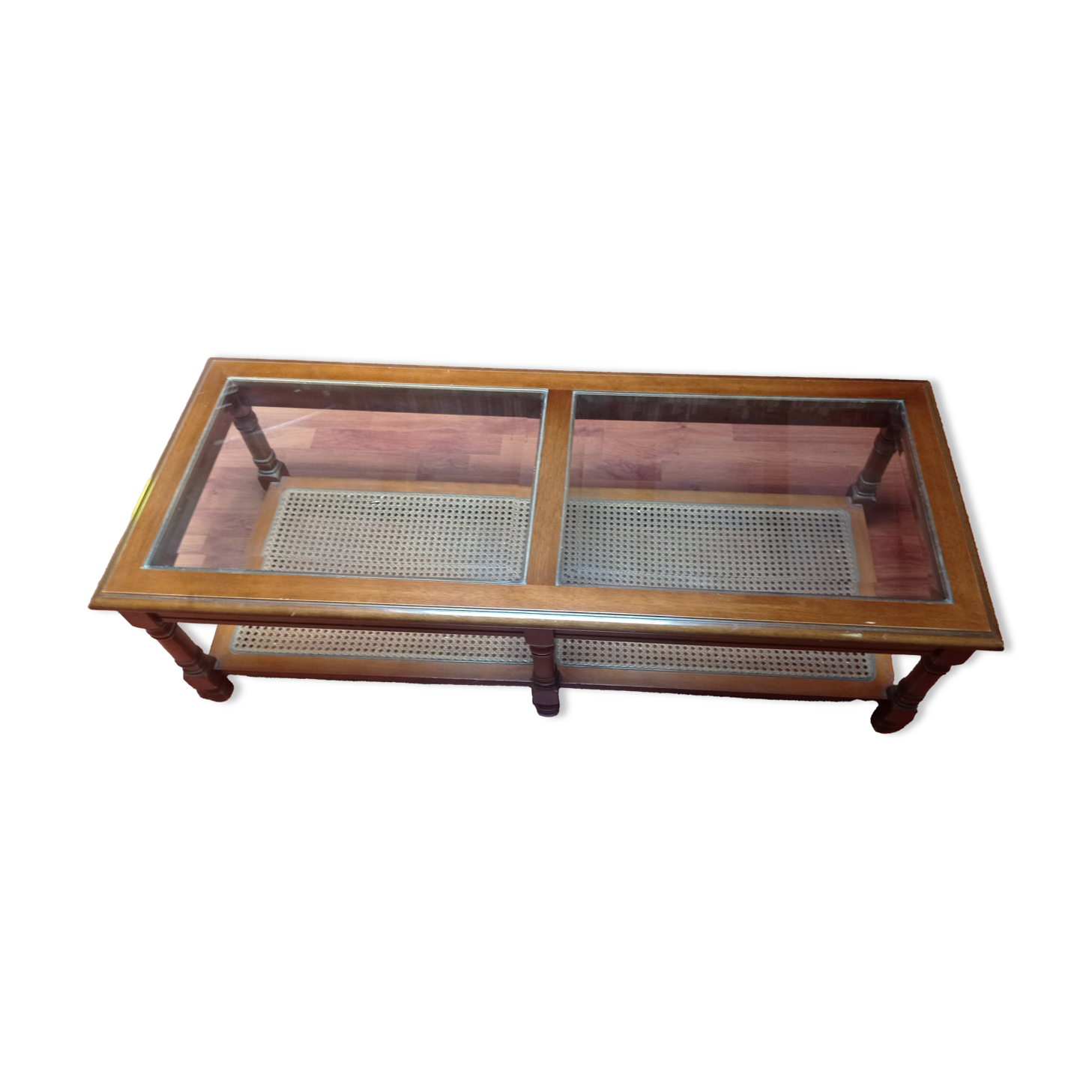 Coffee table in wood, glass and rattan