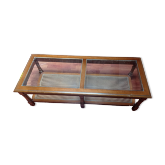 Coffee table in wood, glass and rattan