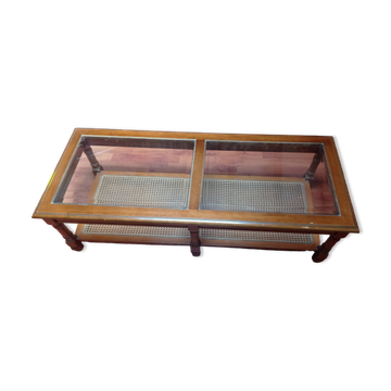 Table basse en bois, verre et rotin