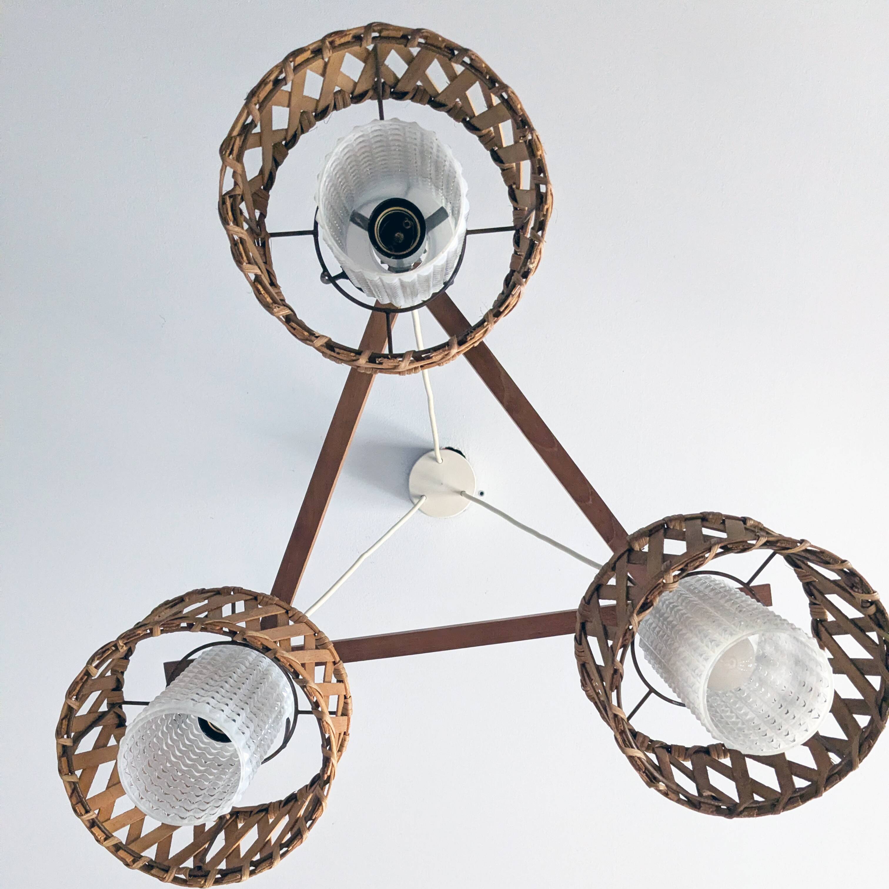 Suspension in teak and rattan, Doria Leuchten from the 1950s.