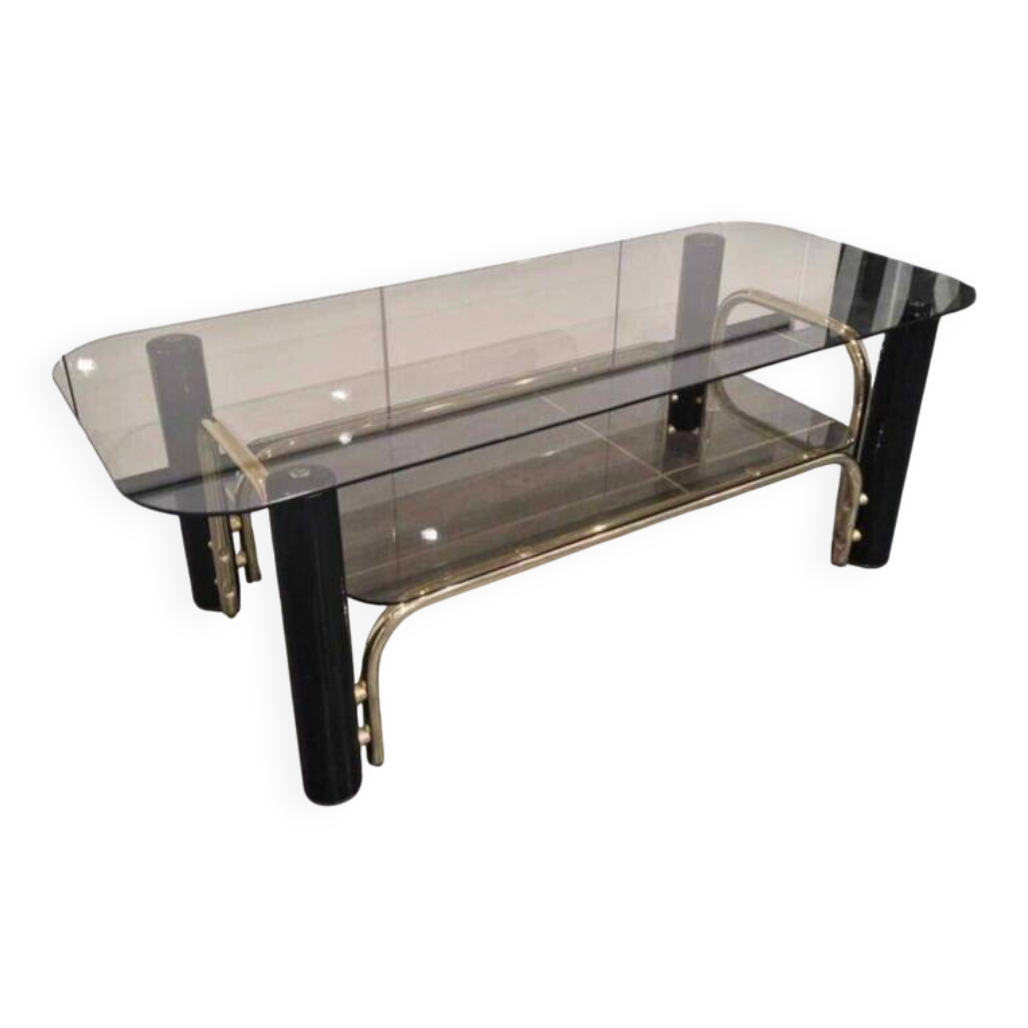 Vintage coffee table in gold metal and smoked glass, 1970s