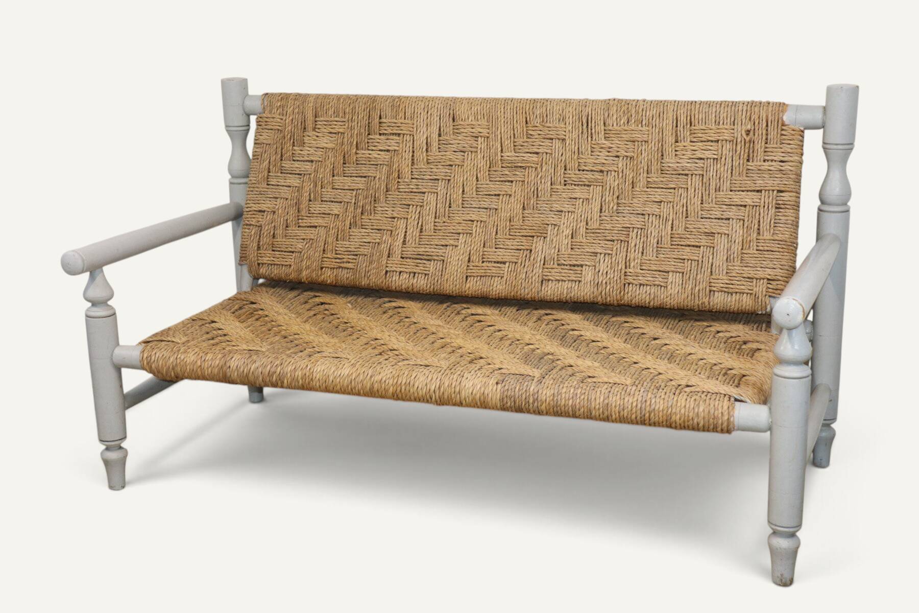 Vintage bench in braided rope and painted wood, 1950s-60s.
