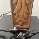 Wooden lamp with carved plant decoration from 1930-50, sold with a 1970 lampshade.