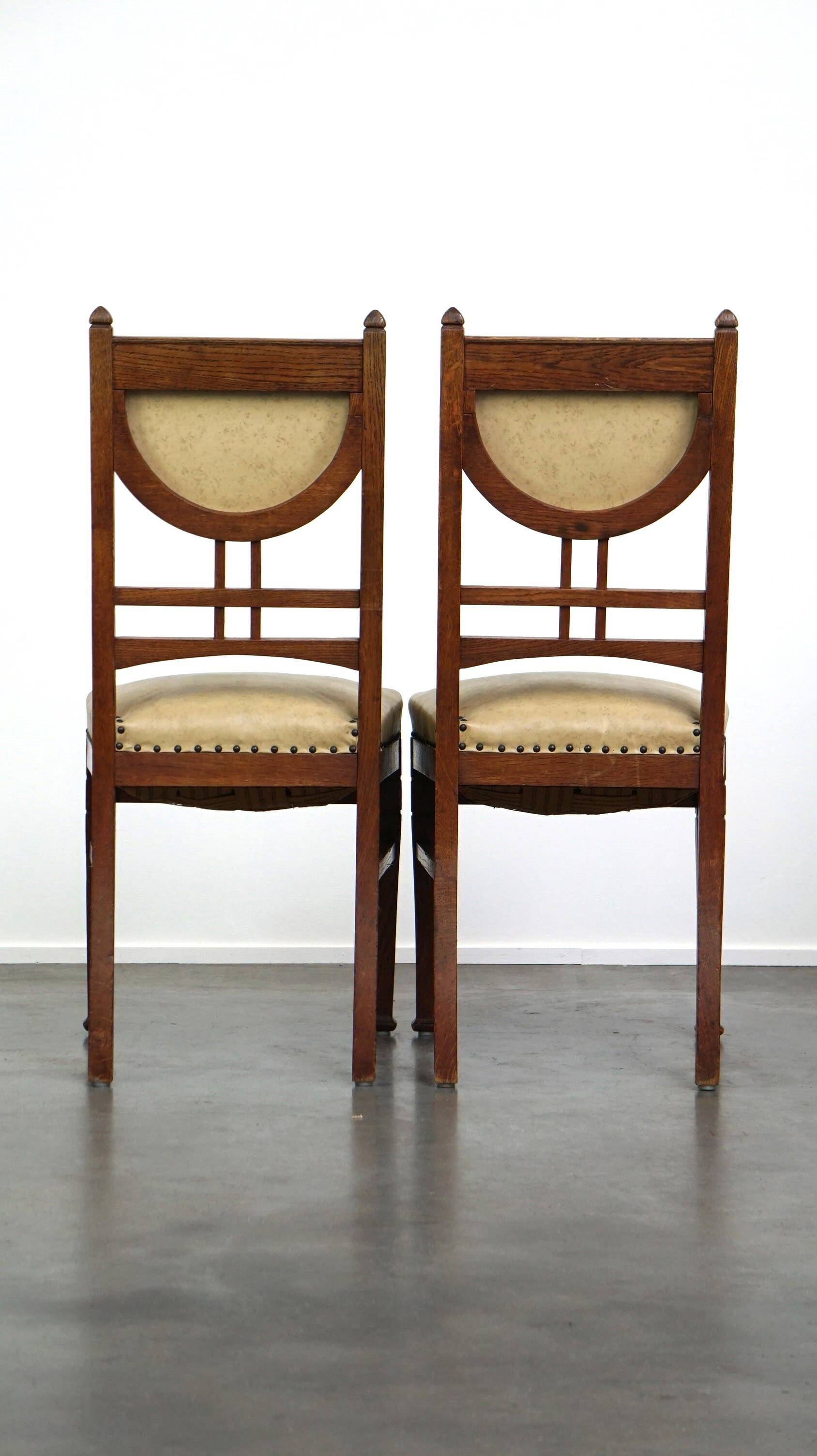 Set of 4 antique design dining chairs, Jugendstil/Art Nouveau style, light skai leather upholstery