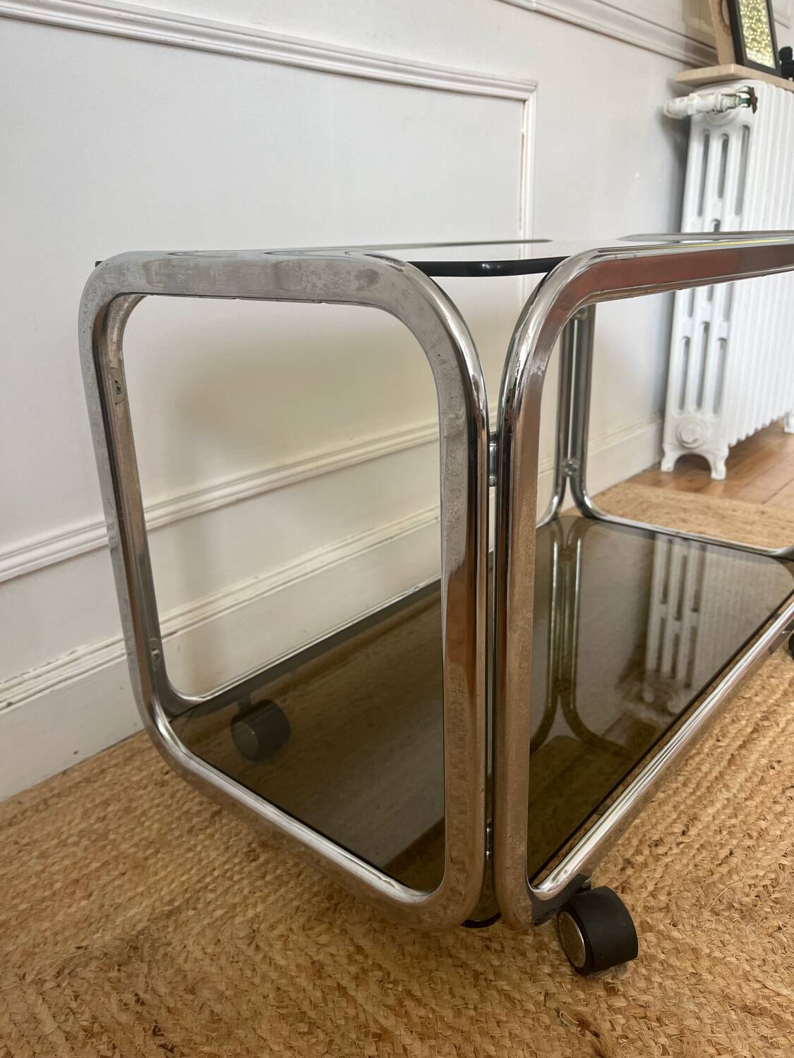 Rolling serving cart in chromed steel and smoked glass, 70s design