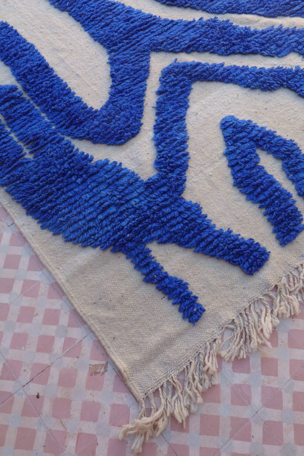 Klein blue and white Berber rug with abstract relief