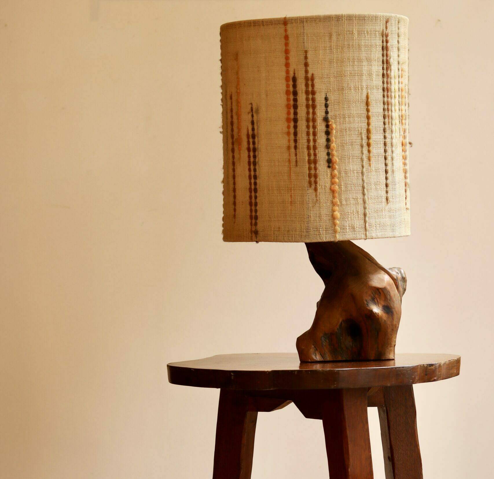 Large 1960s lamp made of olive wood.