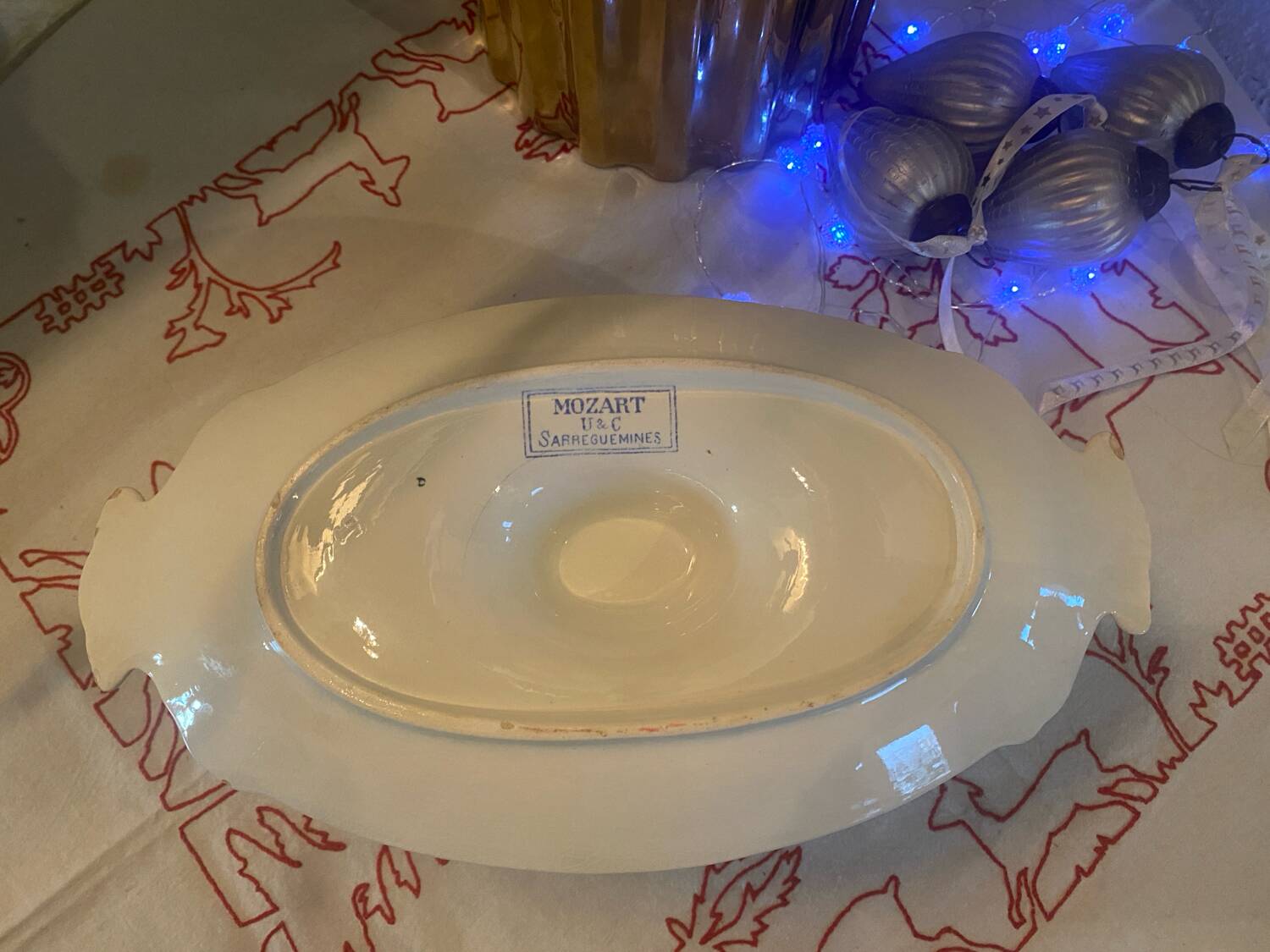 Mozart pattern earthenware gravy boat stamped Sarreguemines