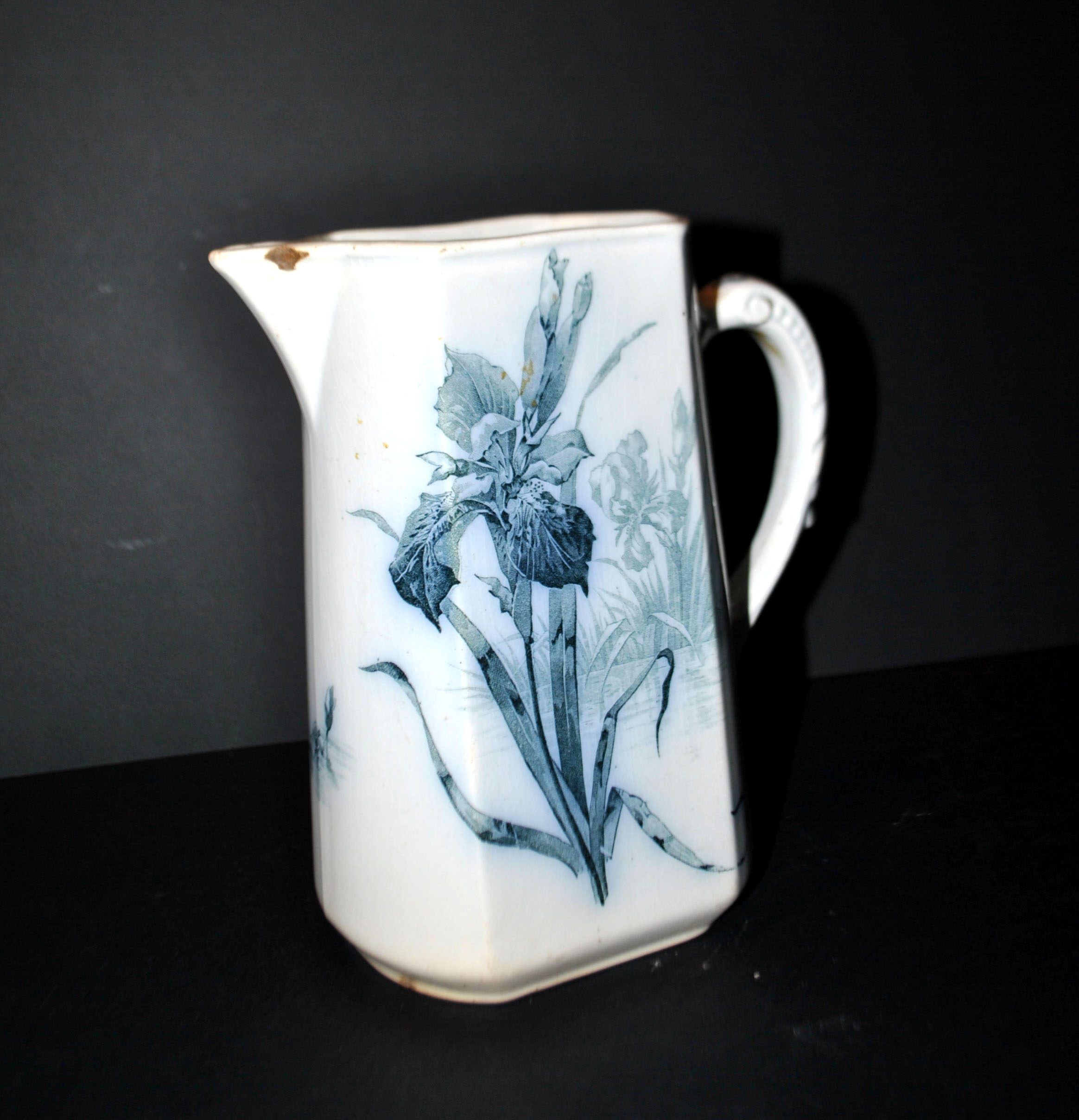 Antique Art Nouveau iris flower earthenware pitcher by Villeroy & Boch Wallerfangen
