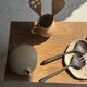 Pair of salad servers or kitchen utensils in blackened teak L30 D9