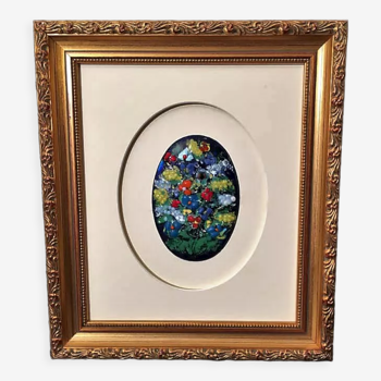 Painting with in its center a medallion in oval multicolored enamels with floral motifs