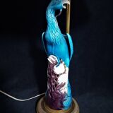 Large table lamp with earthenware peacock and beige silk lampshade