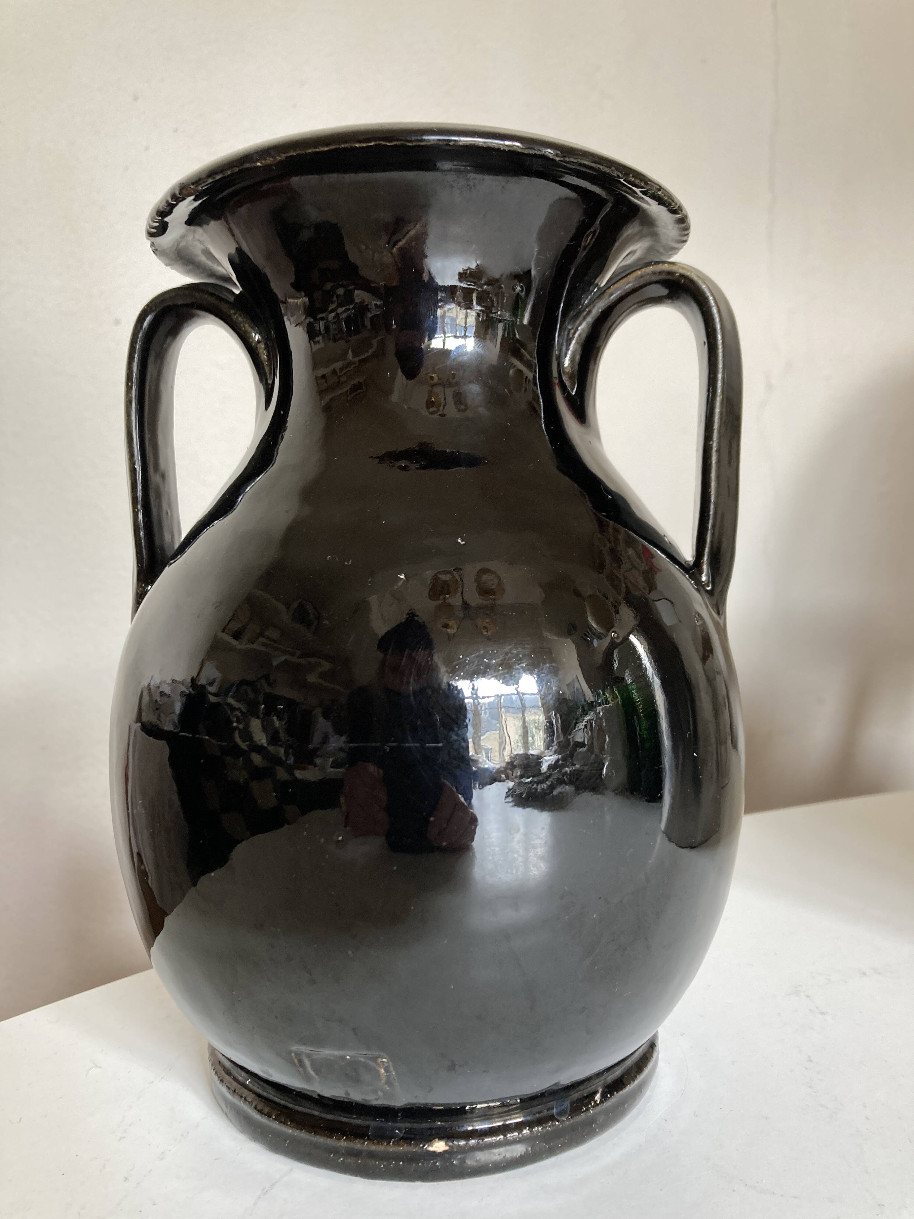 Neo-classical urn vase in black Biot glazed earth 1960