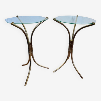 Set of two vintage glass and metal side tables