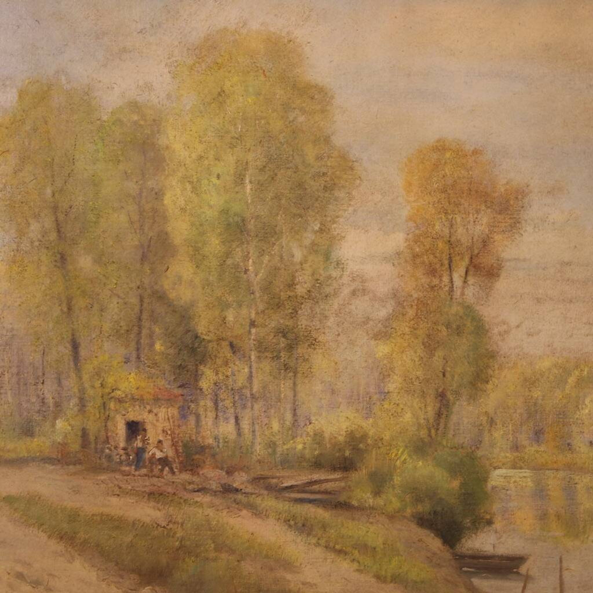 Huile sur panneau encadrée "Paysage", A. Corradi, 1950