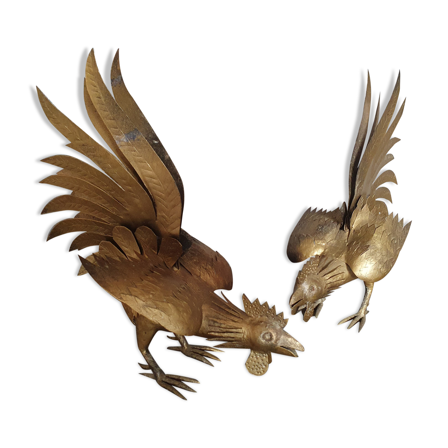 Duo of gold metal roosters 1950