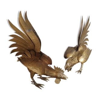Duo of gold metal roosters 1950