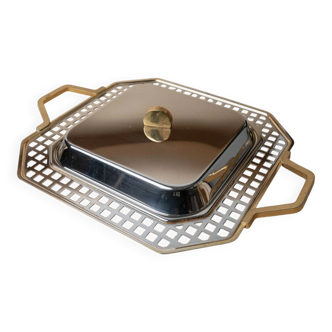 Vintage stainless steel serving tray Inoxpran Orchidea line, silver with gold-plated edge, Italian 1980s design