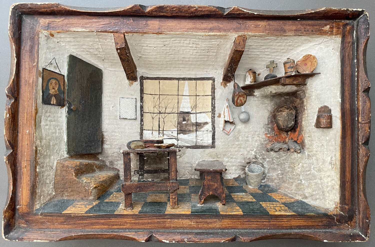 Old wooden model representing a late 19th, early 20th century kitchen