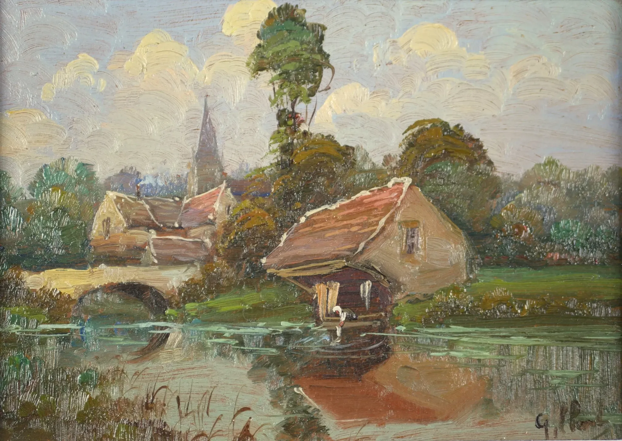 Washerwoman at the washhouse - Old oil painting signed Gilbert