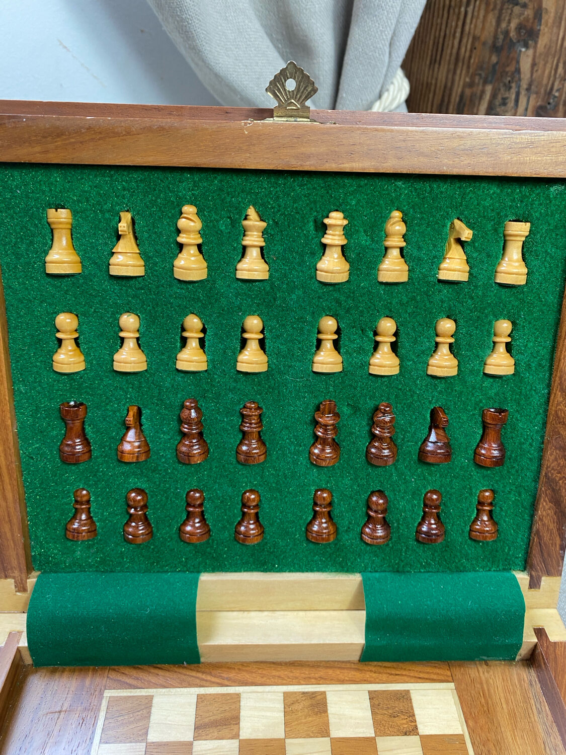 Wooden travel chess set, marquetry board