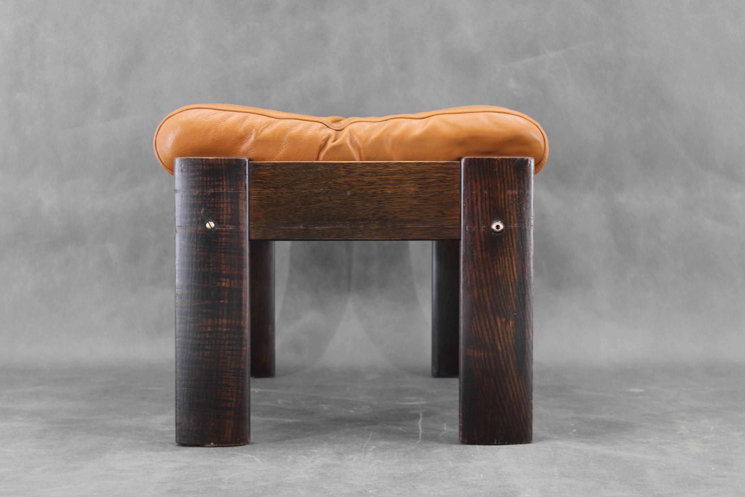 1960s Brown Leather Oak Stool, Denmark