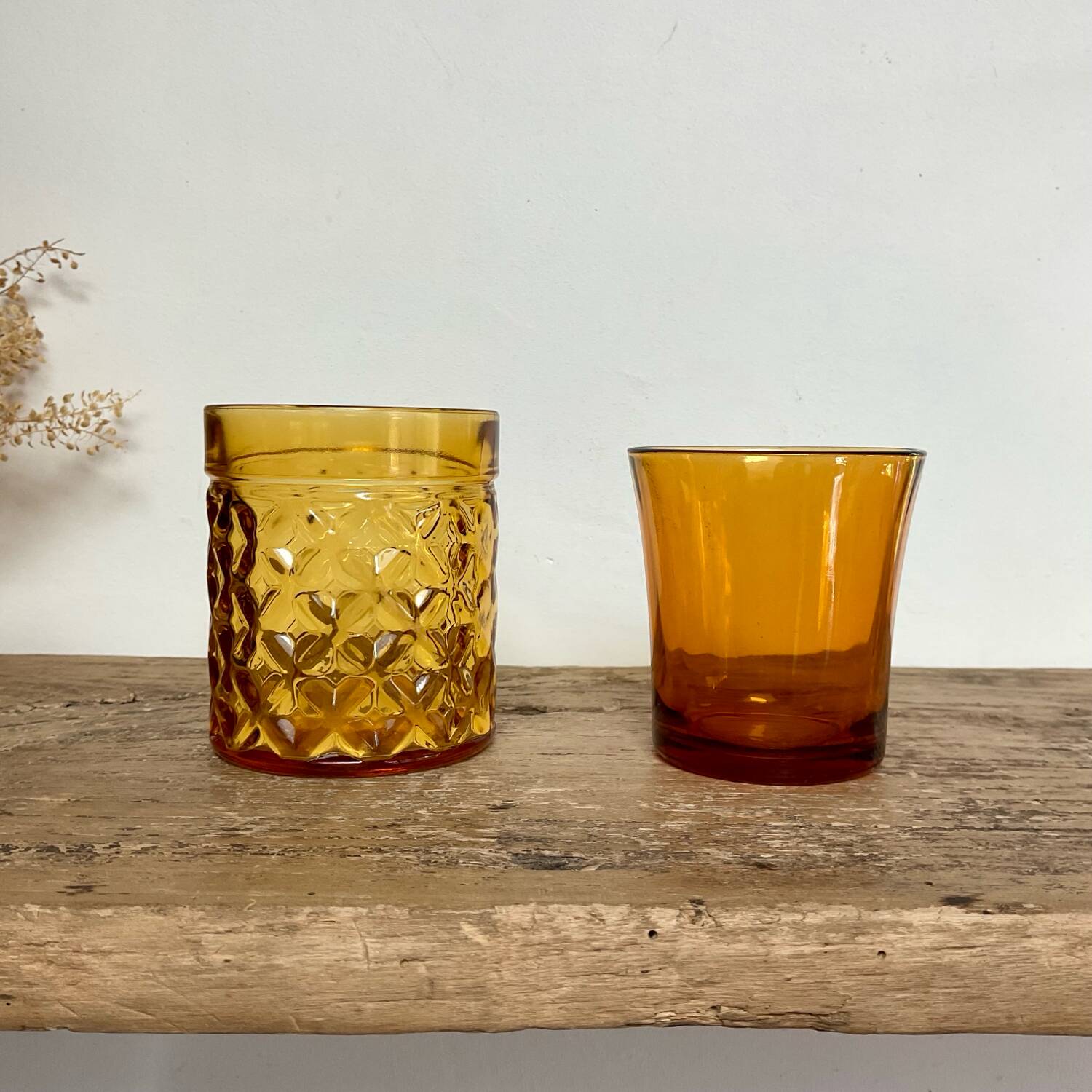 6 mismatched vintage amber glasses