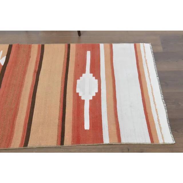 1970s Vintage Turkish Hand-Knotted Wool Cotton Orange Runner Rug 85389
