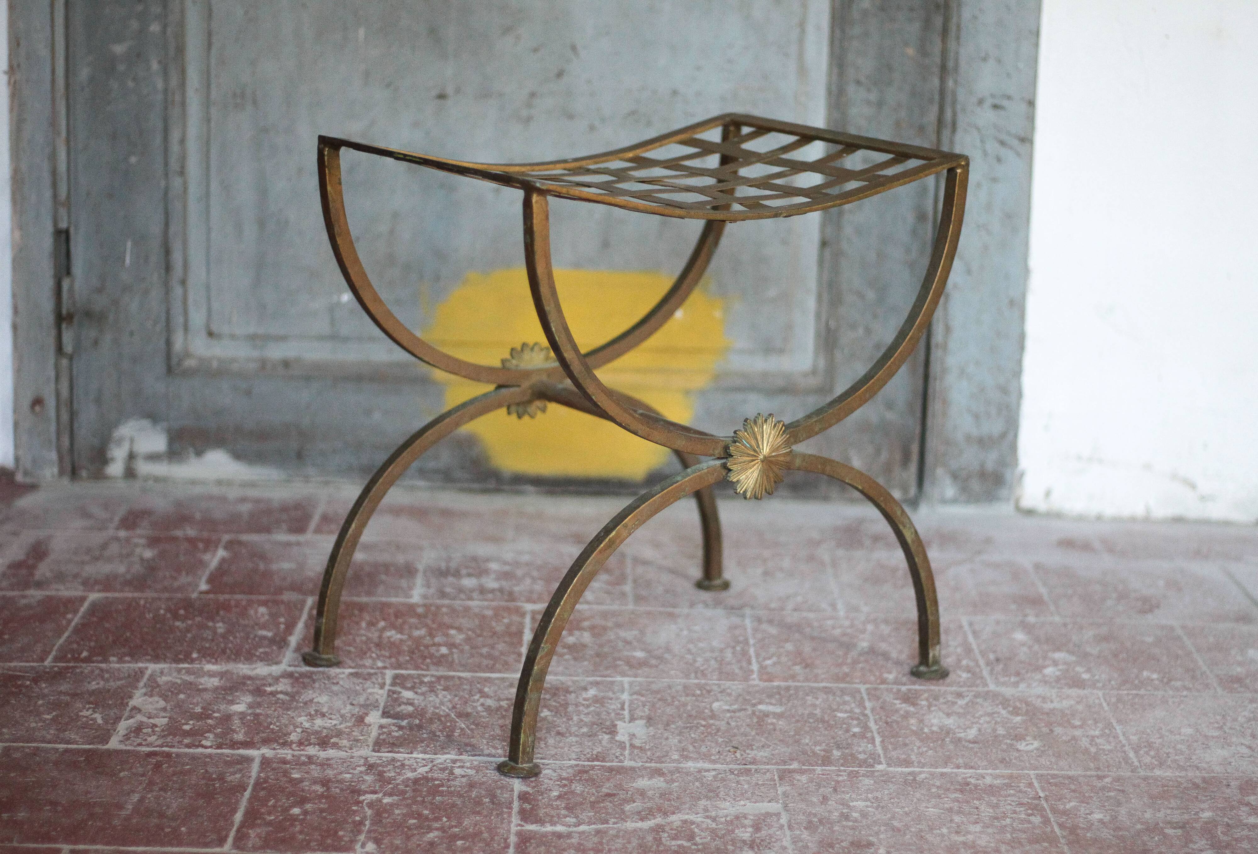 Vintage luggage rack, curule-shaped stool, iron suitcase table