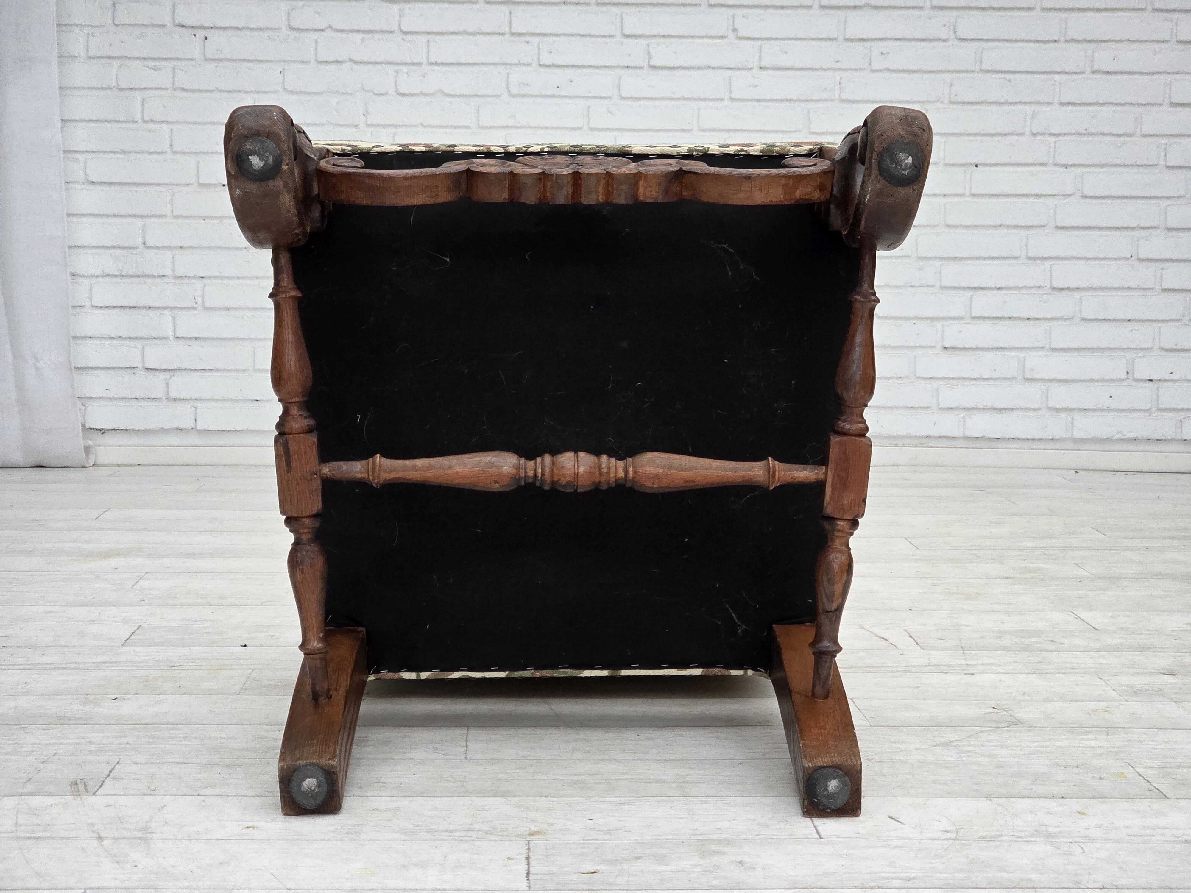 1950s, Scandinavian highback armchair, furniture fabric, oak wood.