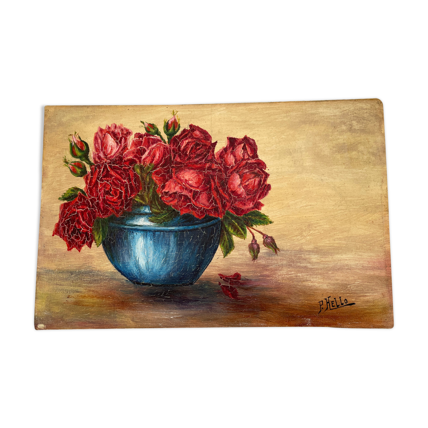 Oil on canvas bouquet of roses signed P. HELLO
