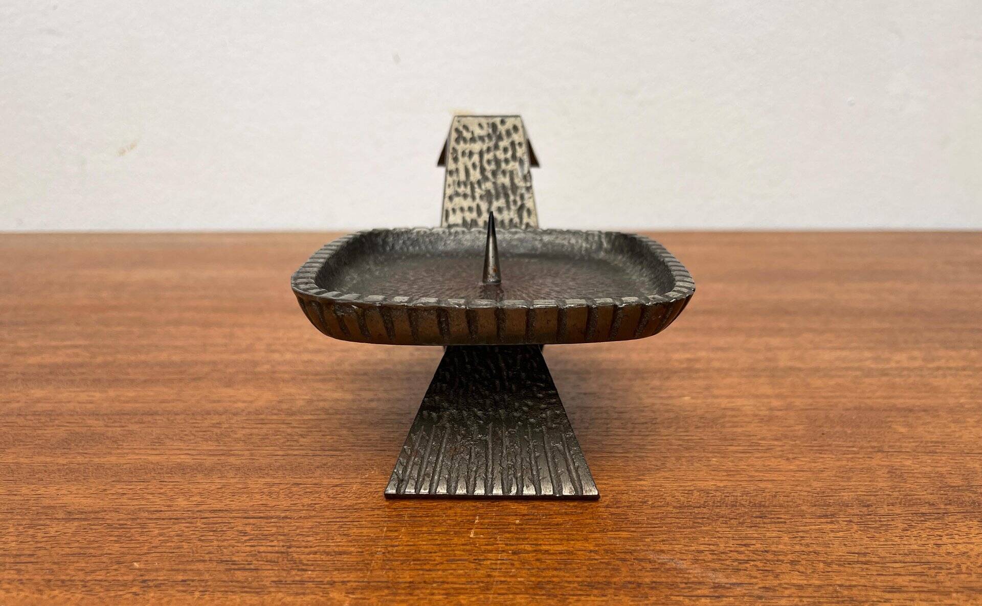 Brutalist Japanese bronze candlestick from the mid-century for Beva, 1960s.