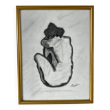Dessin au fusain signé M Dubois dans cadre doré Représentant une femme nue