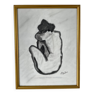 Charcoal drawing signed M Dubois in gilded frame Representing a nude woman