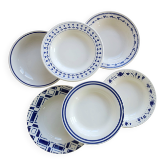 6 mismatched vintage deep plates blue and white porcelain - Lot Sai