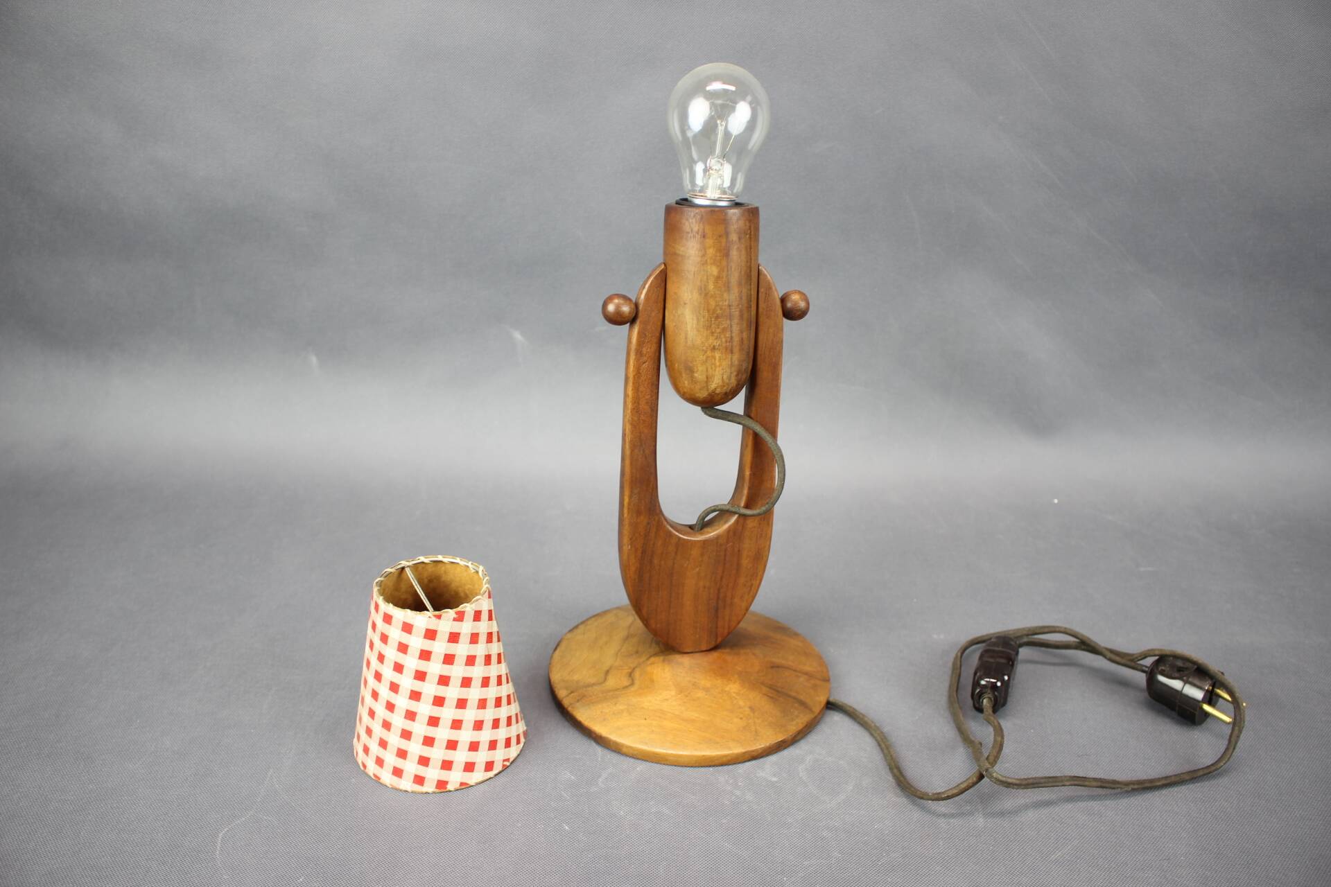 Mid-century adjustable wooden table lamp with checked shade, Czechoslovakia