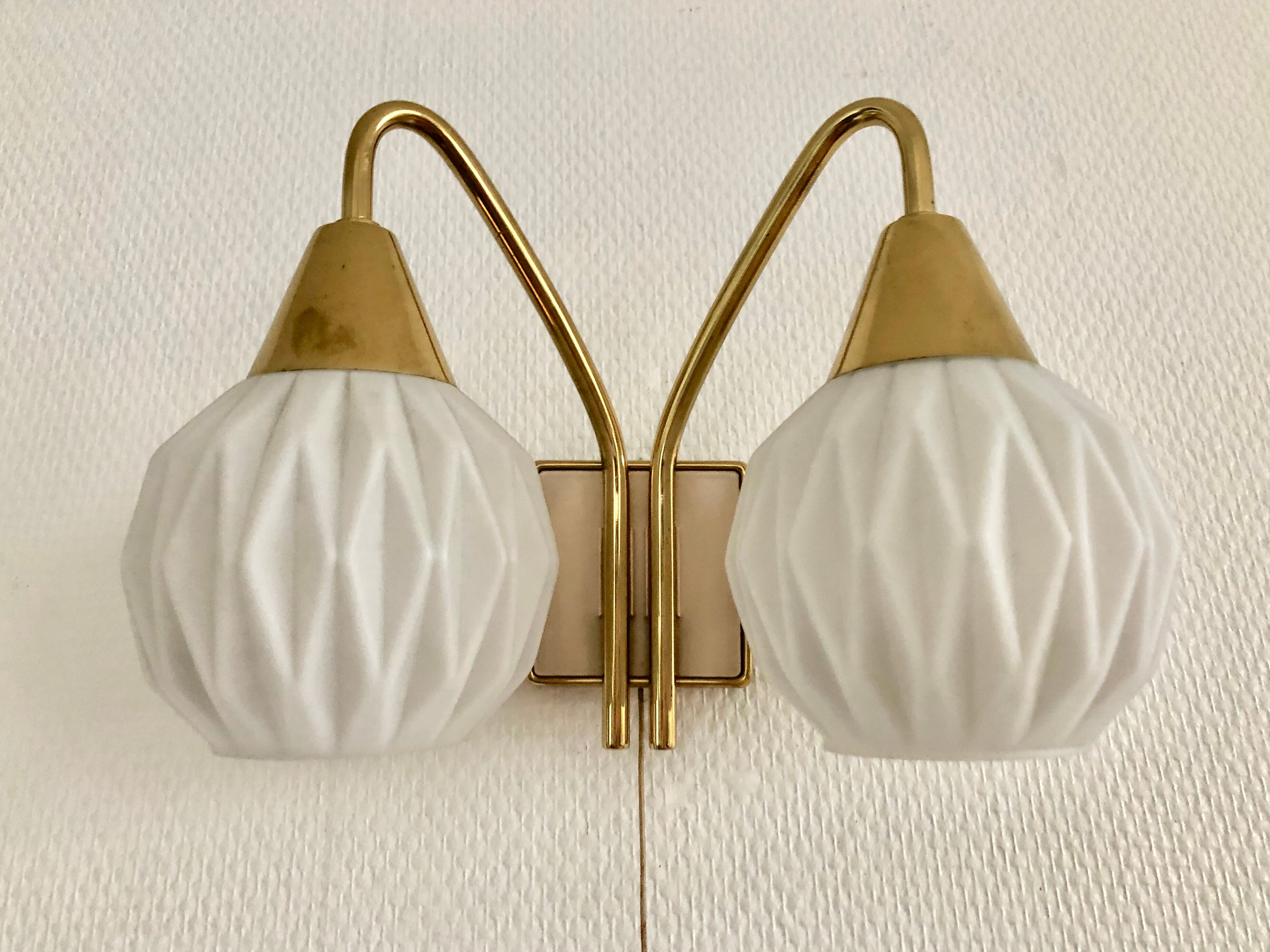 Pair of double origami opaline brass wall lamps